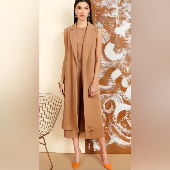 NOTCH COLLAR VEST COAT & SOLID TANK TOP & PALAZZO‎ PANTS SET - Picture 2 of 12